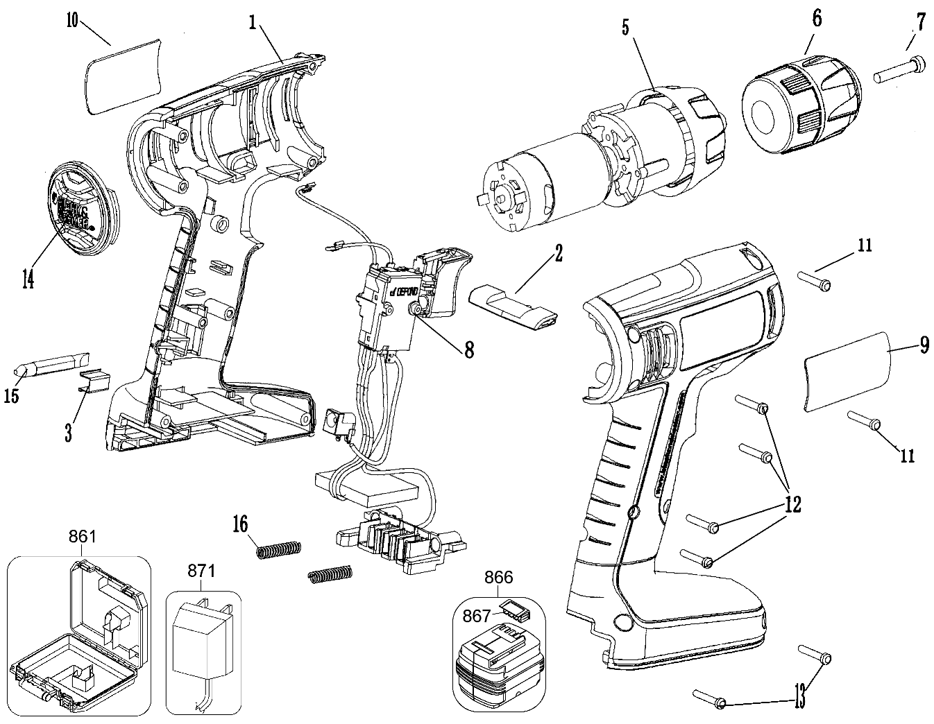 Default Diagram and Parts List for CDC120AK Type 1 Black and Decker Boring Machine